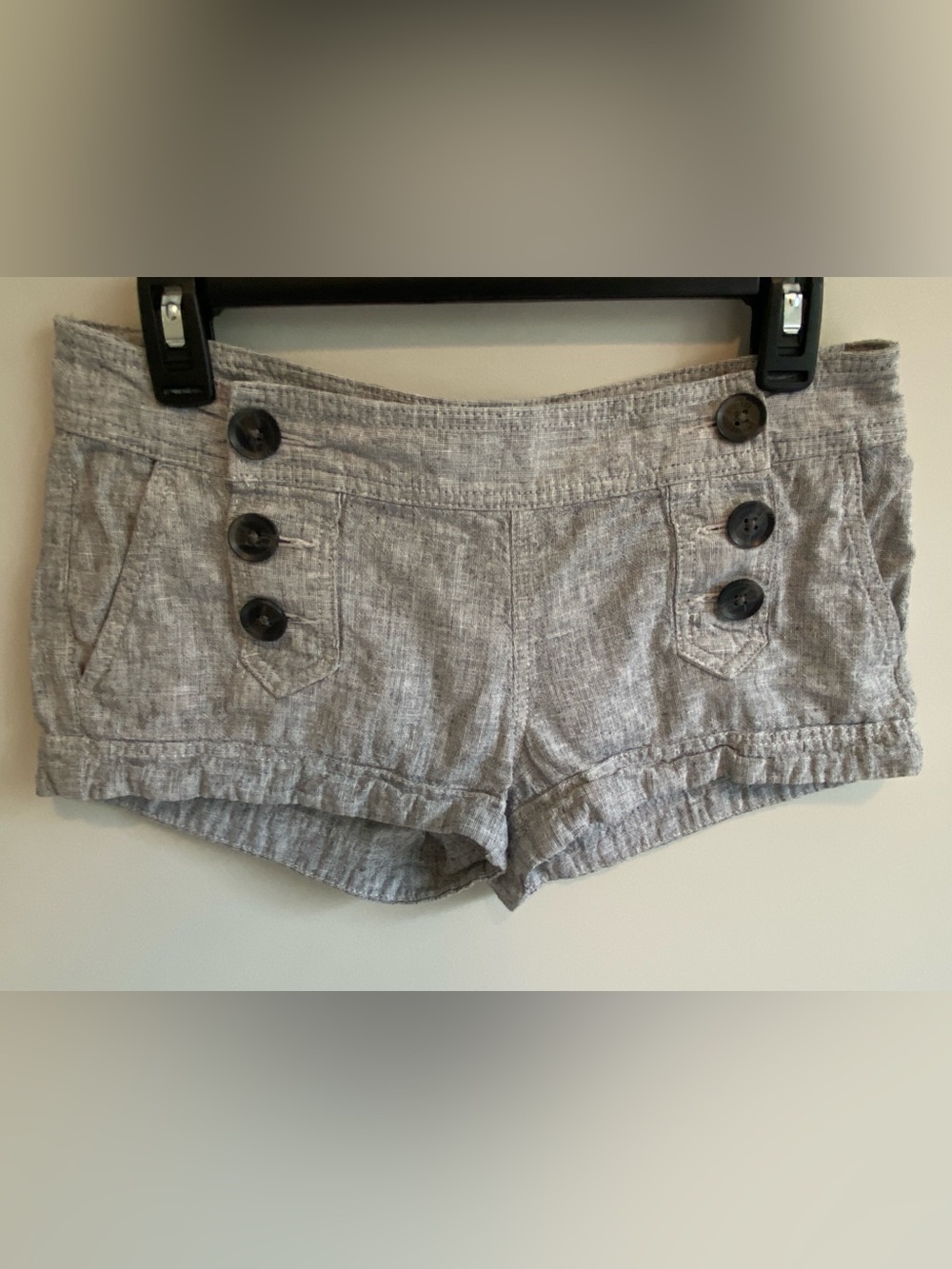 Express High-Waist Gray Button Detail Linen Shorts